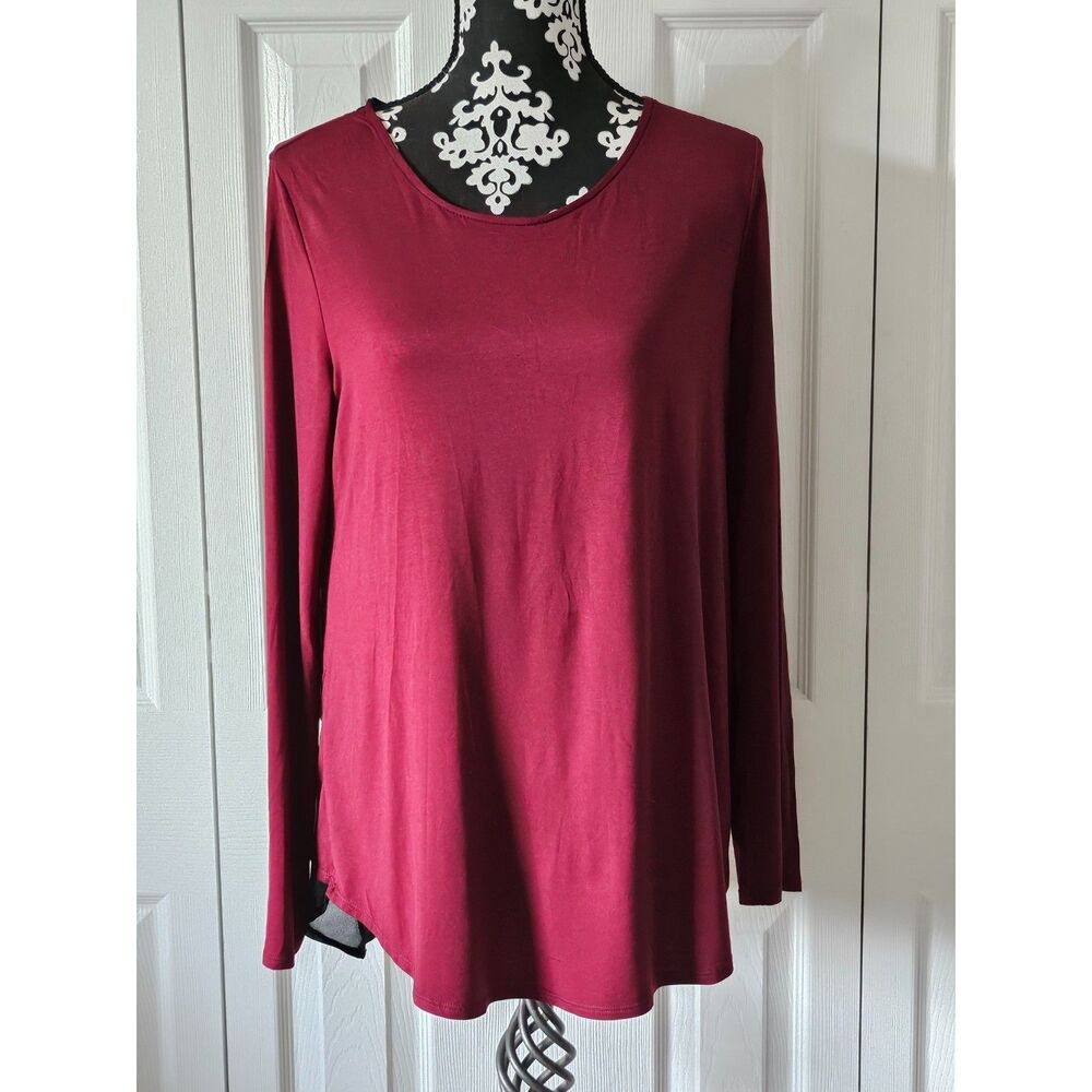 Burgundy Long Sleeve Twist Back Mixed Media Top‎ Sheer Damask Layer Relaxed Fit